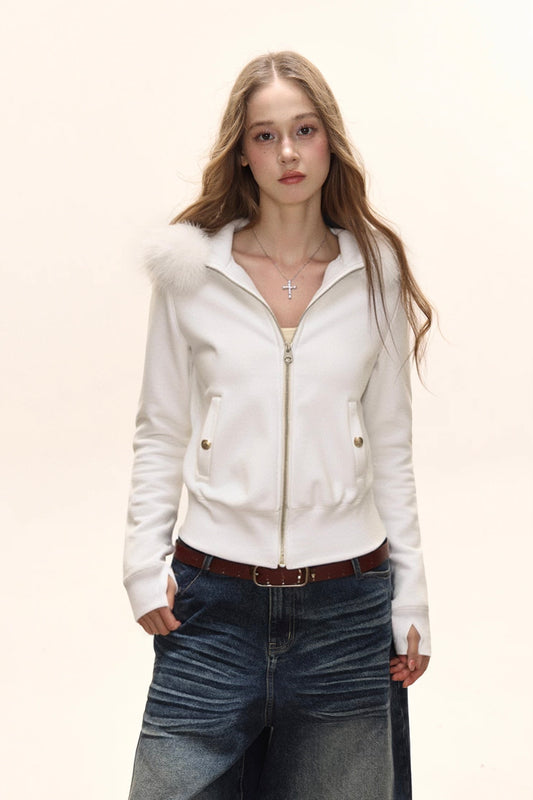 fluffy collar short hooded sweatshirt