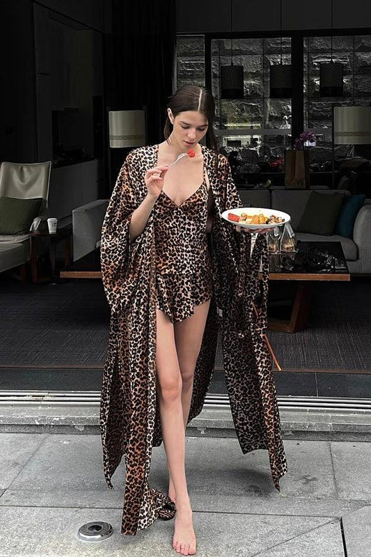 Leopard print long coat sexy pajama set
