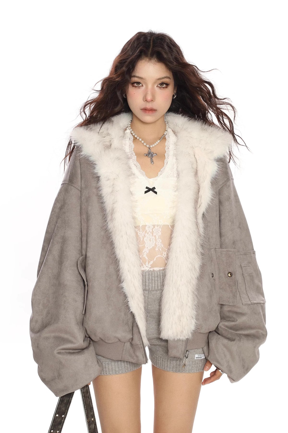 Suede flannel double-sided faux fur cotton coat