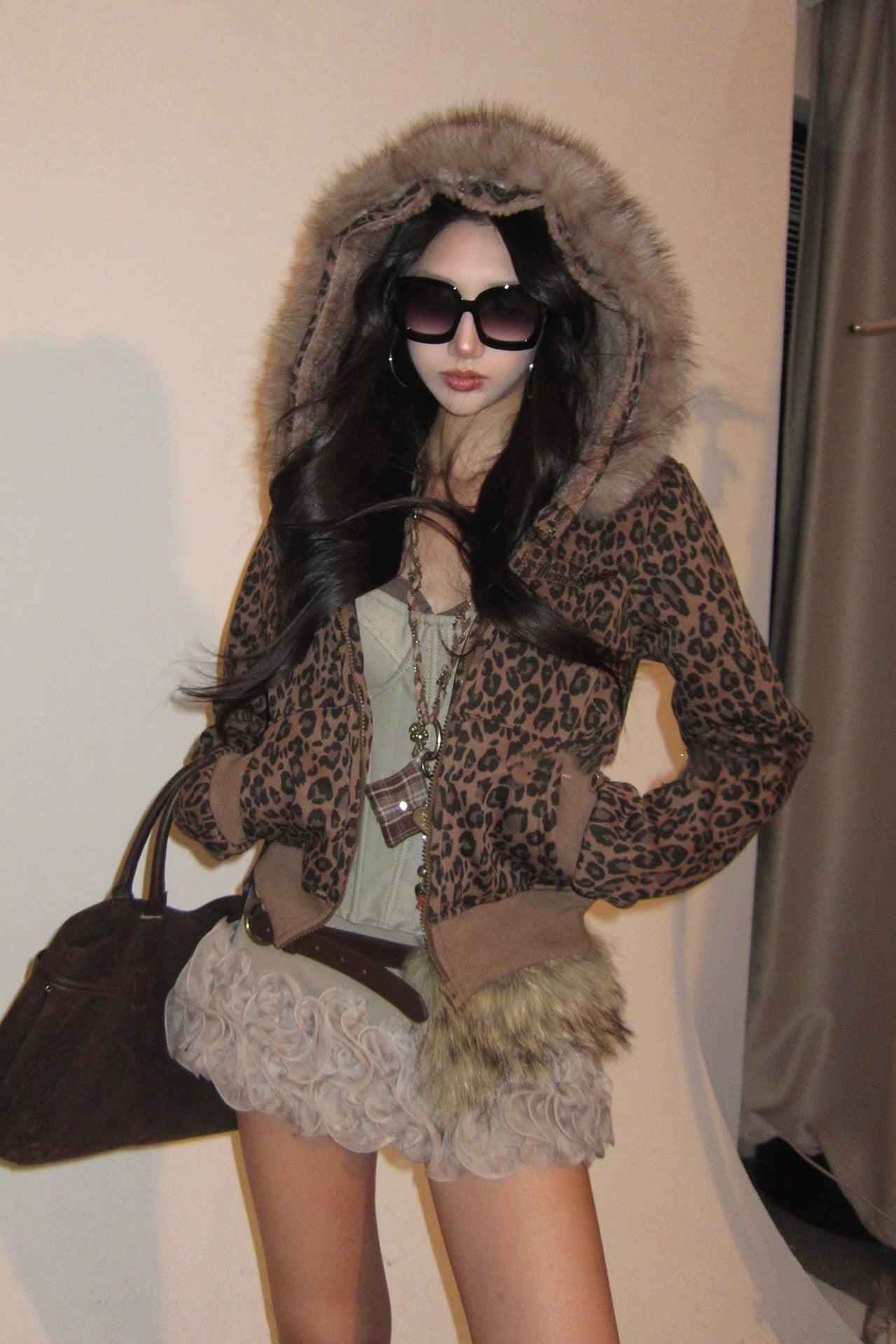 Fur collar leopard print hooded jacket