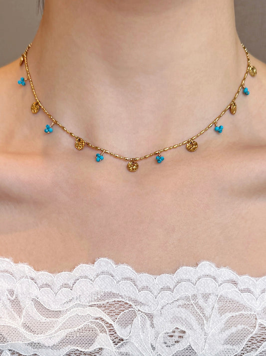 Bluebell Flower "Blue Gold Turquoise Vintage Necklace