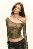 Leopard print off shoulder long sleeved Tee