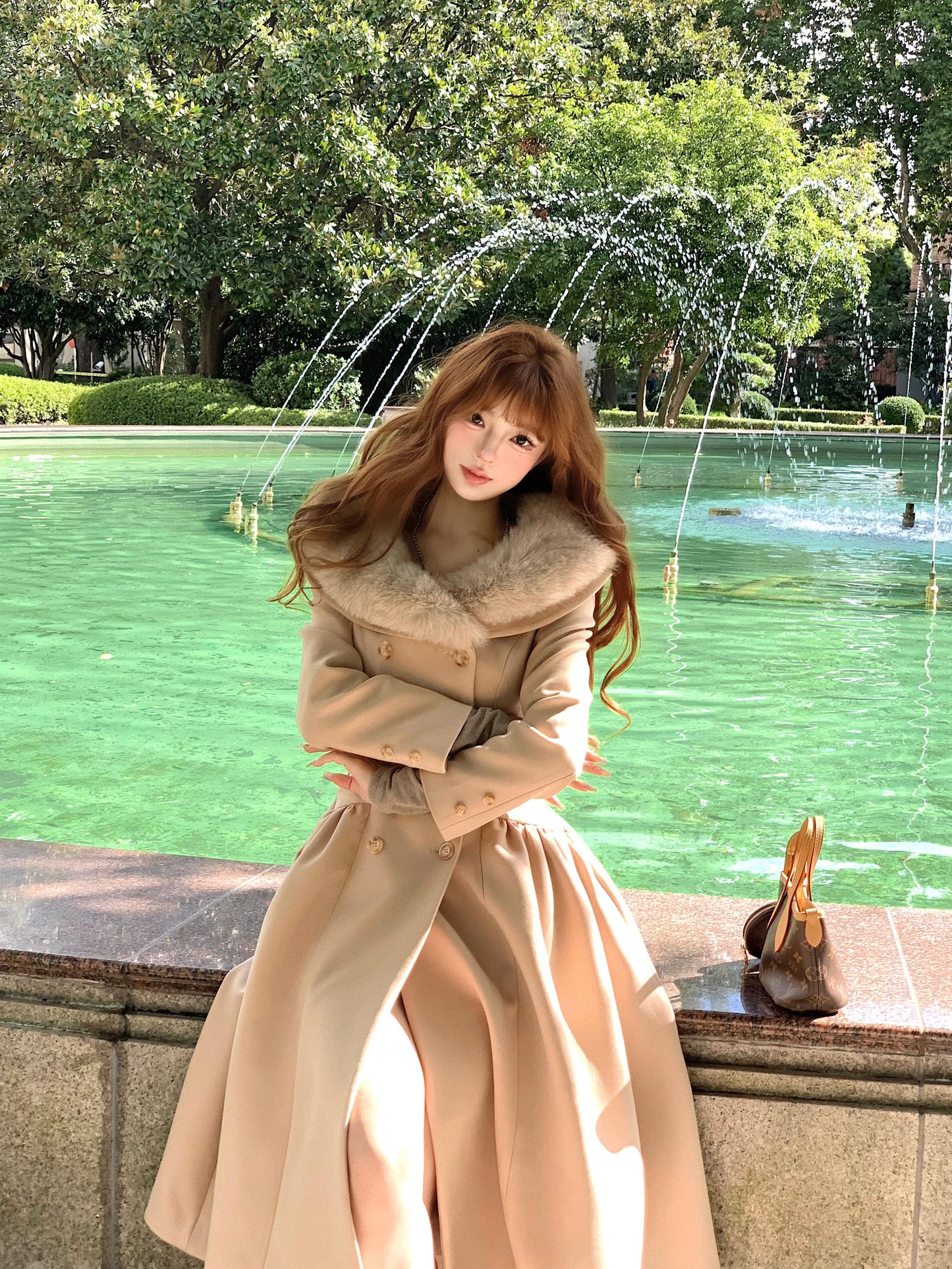 Beige Faux Fur Collar Flared Maxi Princess Coat