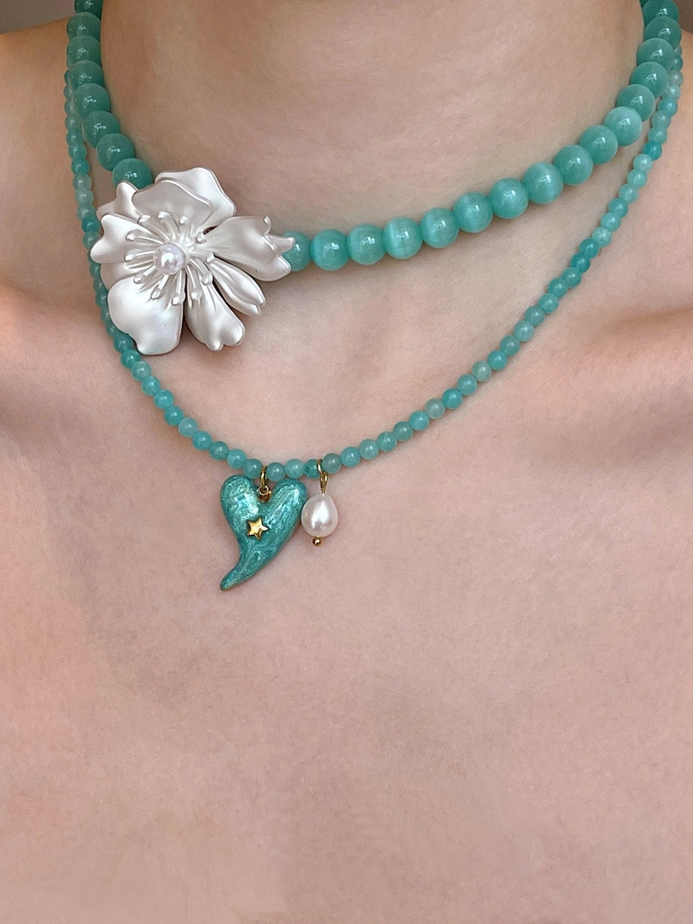 Xiaoqing Flower Love Pearl Cat Eye Tianhe Stone Bead Necklace