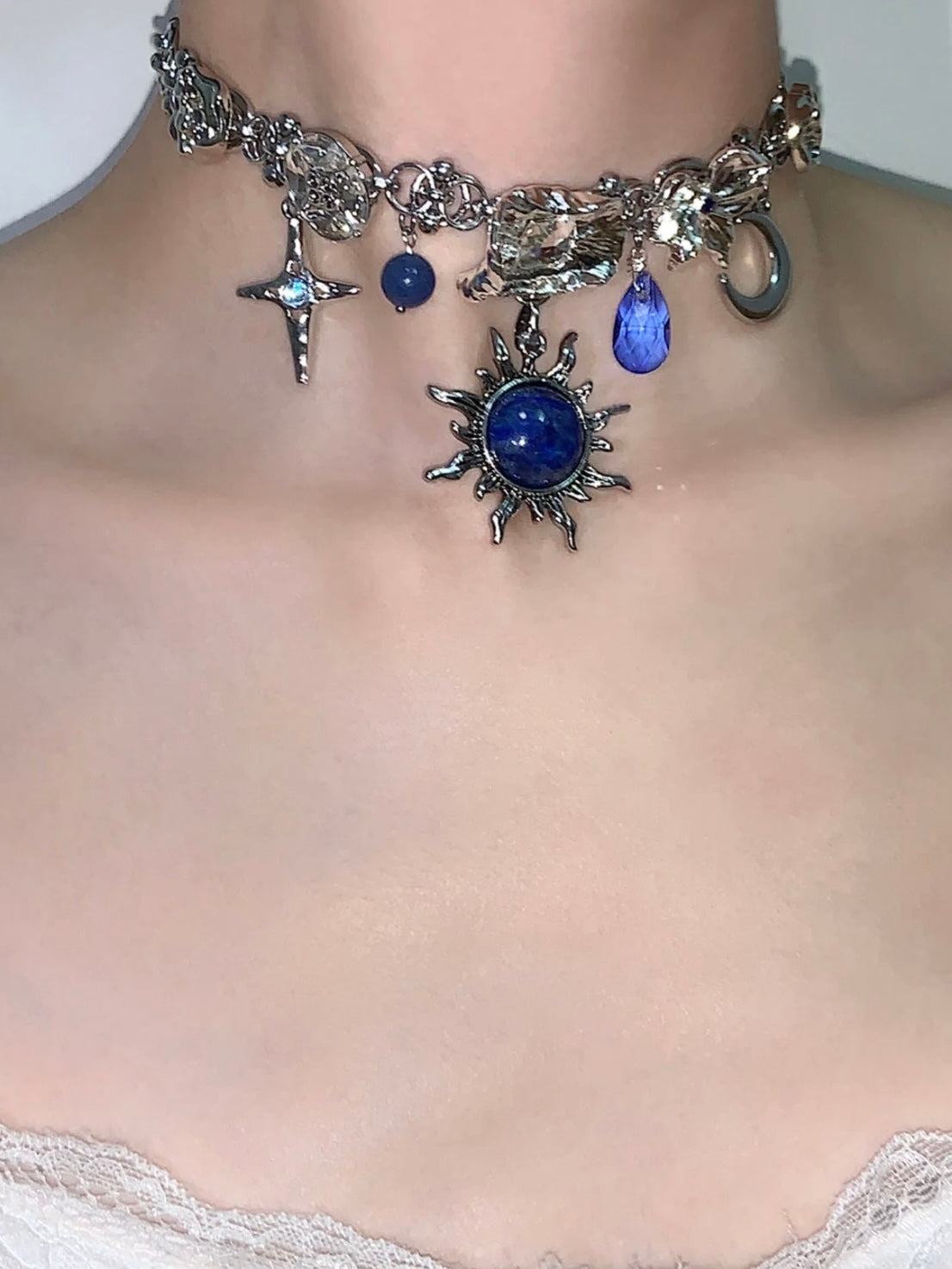 Zeus "lapis lazuli sun star moon pendant necklace choker