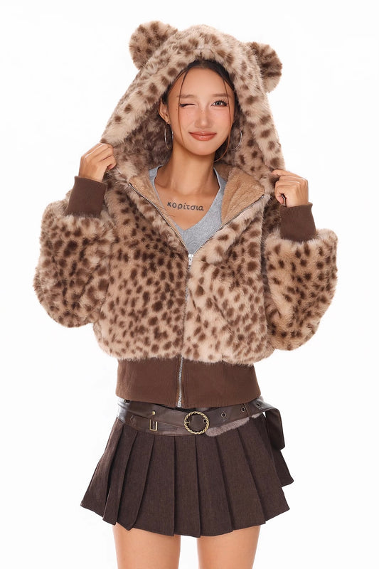 Retro leopard print bear ear cotton jacket