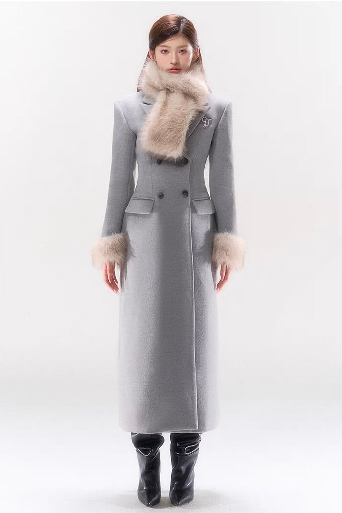 Sliver Grey Silhouette Overcoat With Scarf