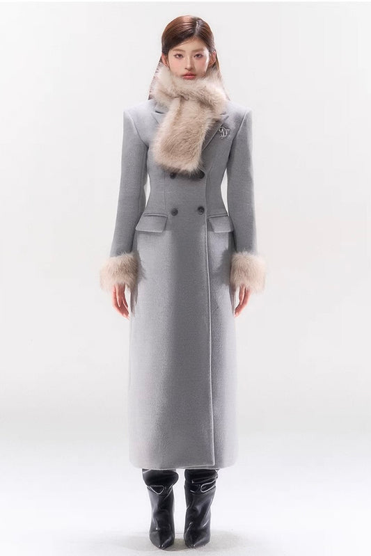 Sliver Grey Silhouette Overcoat With Scarf