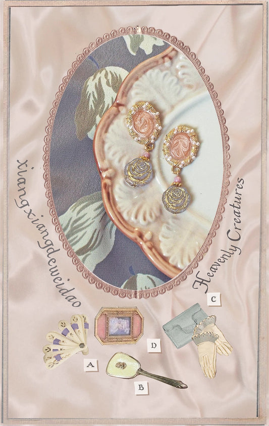 *Cream fig handheld mirror *~Flowing pearl bare pink silk and antique rose earrings