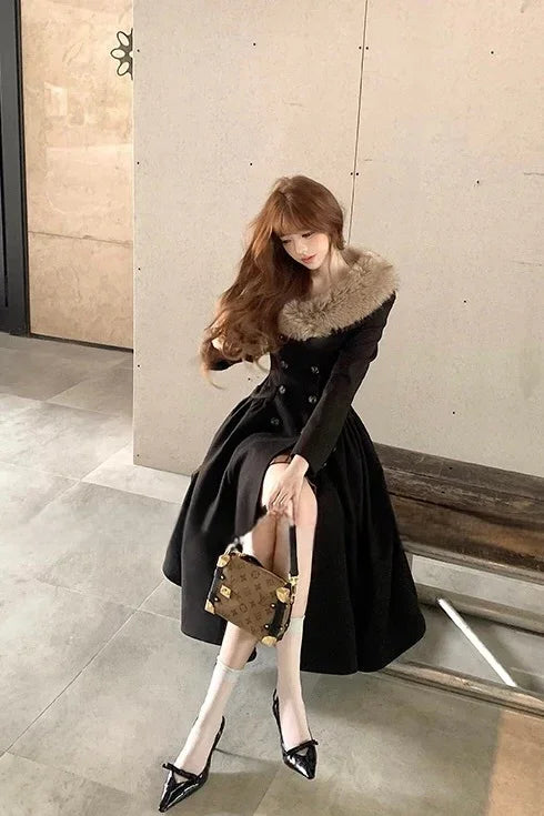 Black Faux Fur Collar Maxi Flare Coat