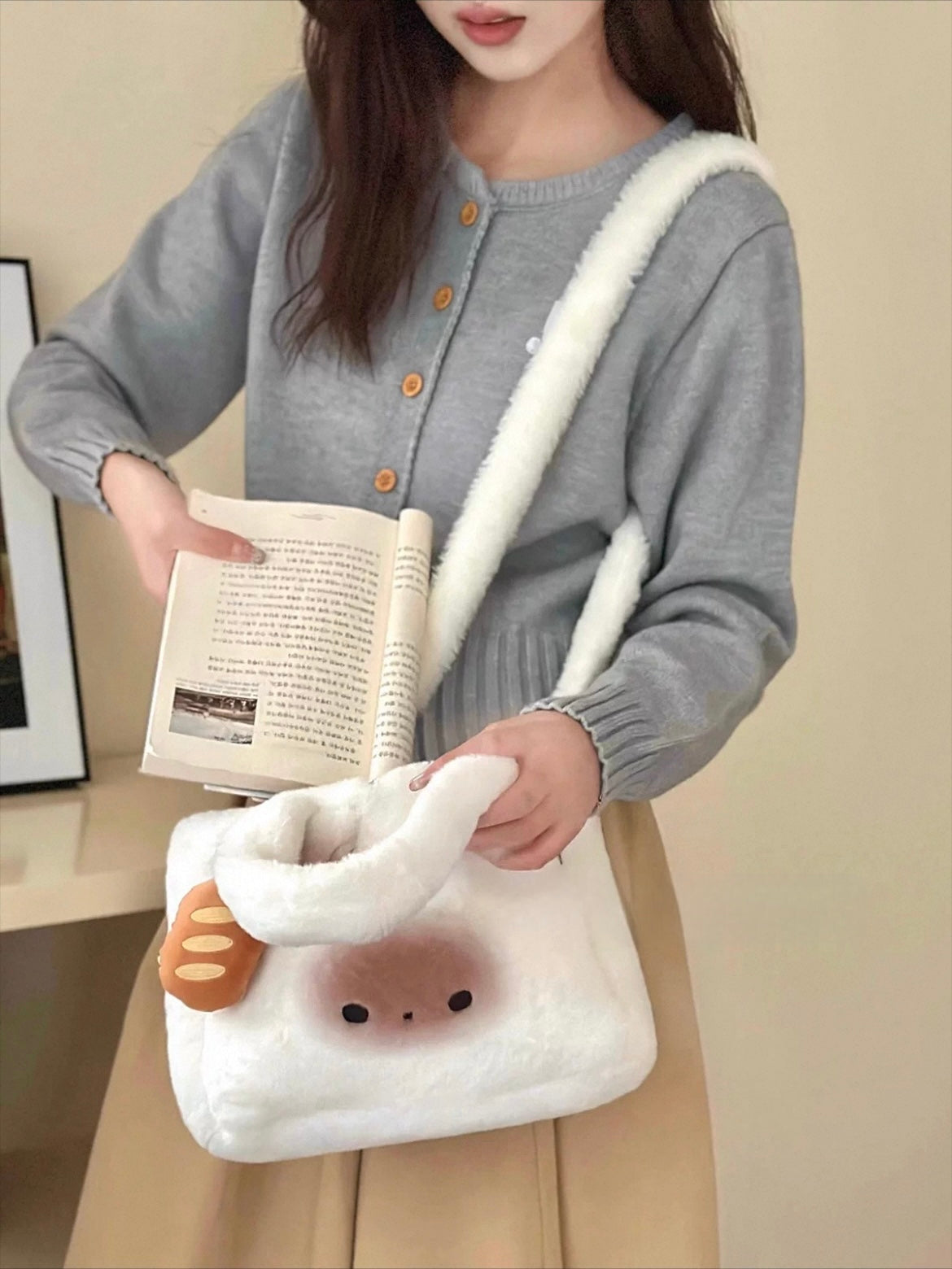 Mantou cat pup plush handbag cross body shoulder bag