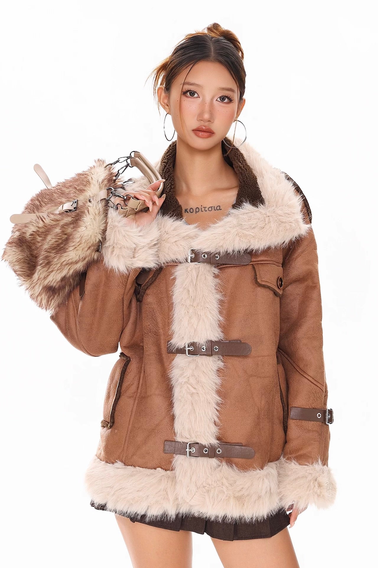 Woolen collar spliced cotton jacket