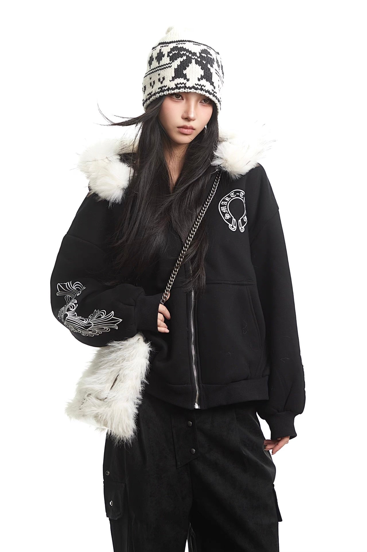 Black Gothic printed fur collar hooded sweatshirt