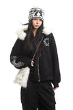 Black Gothic printed fur collar hooded sweatshirt