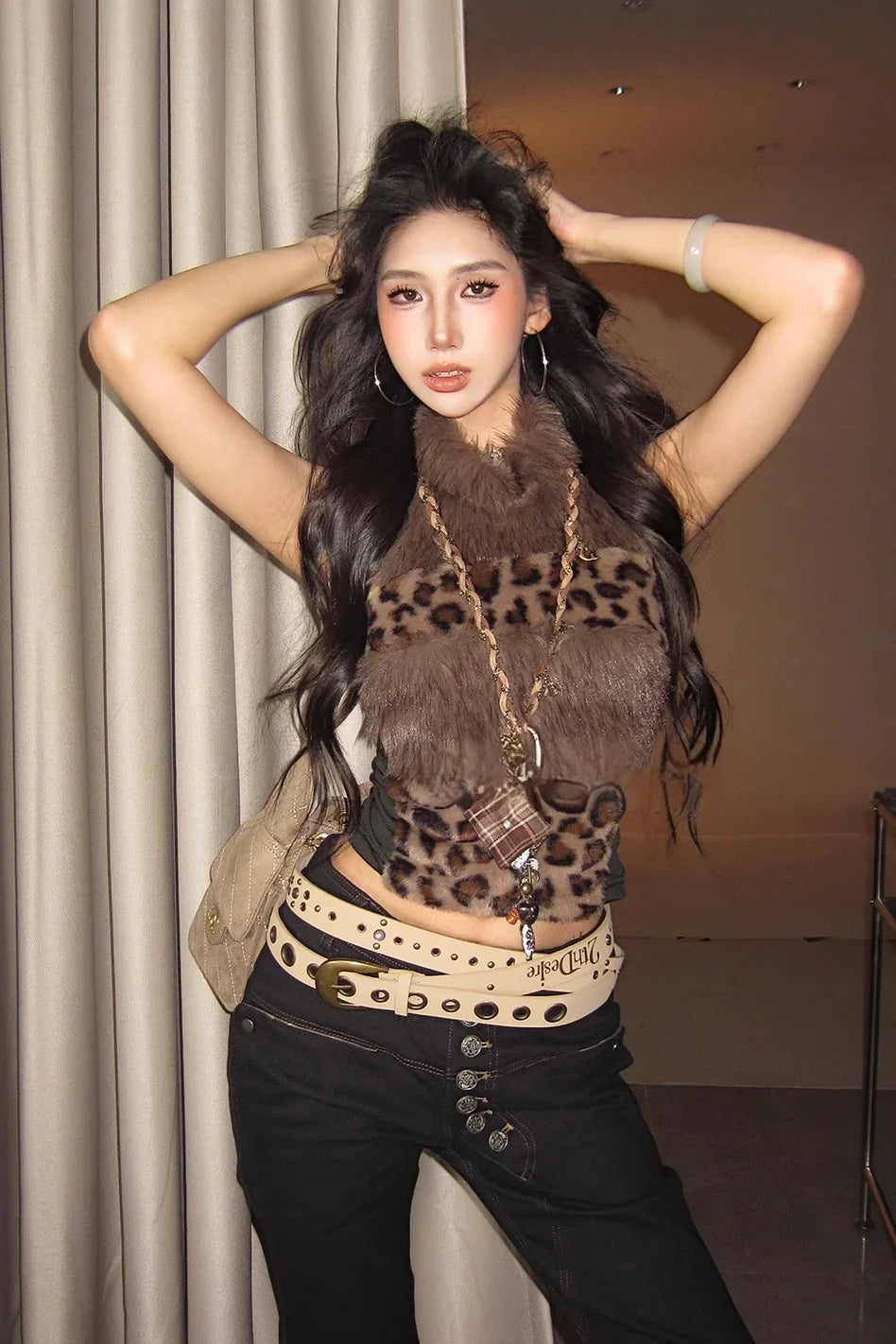 Brown Leopard Print Faux Fur Grunge Top
