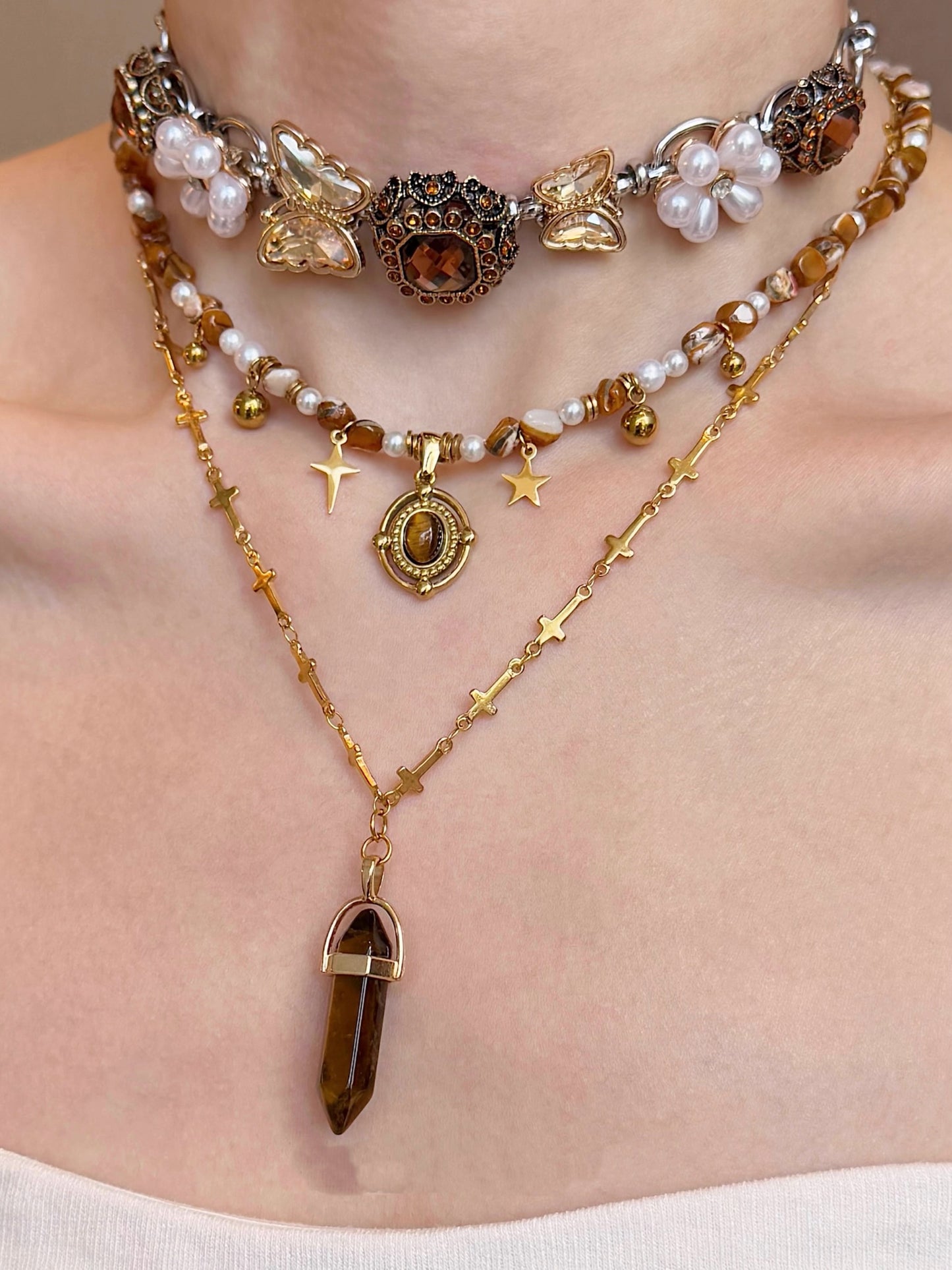 Late Autumn Brown Tiger Eye Flower Pearl Vintage Beaded Necklace