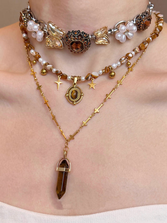 Late Autumn Brown Tiger Eye Flower Pearl Vintage Beaded Necklace