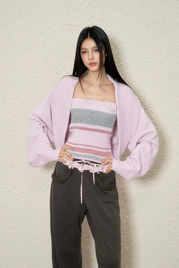 wool shiny silk cami knitted sweater set