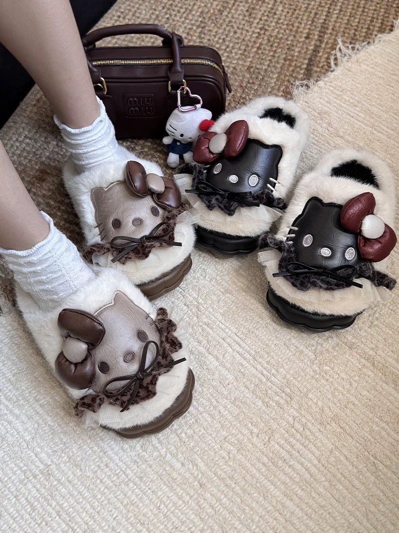 Dark leather plush Hello Kitty slippers