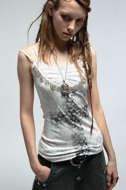 Fake two lace knitted rhinestone cross printed cami