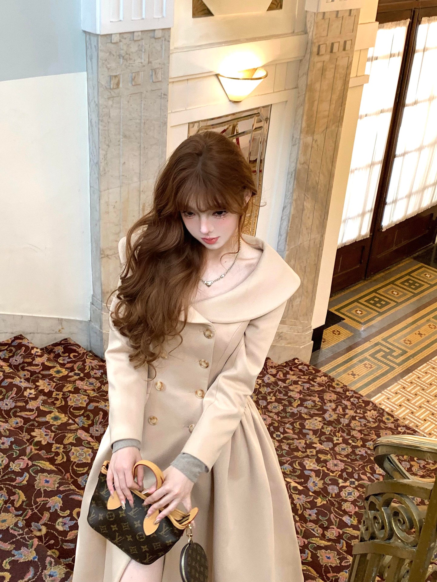 Beige Faux Fur Collar Flared Maxi Princess Coat