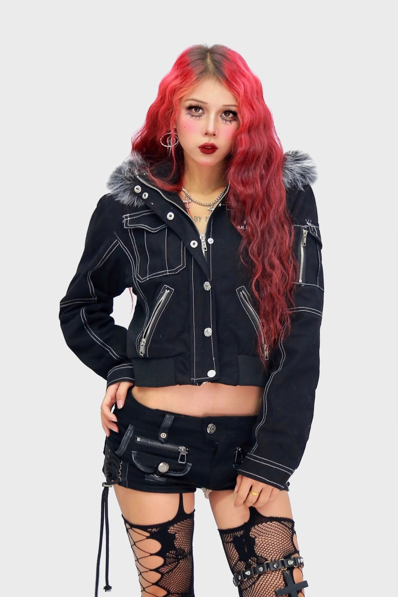 Crow feather prohibited embroidered fur collar detachable jacket