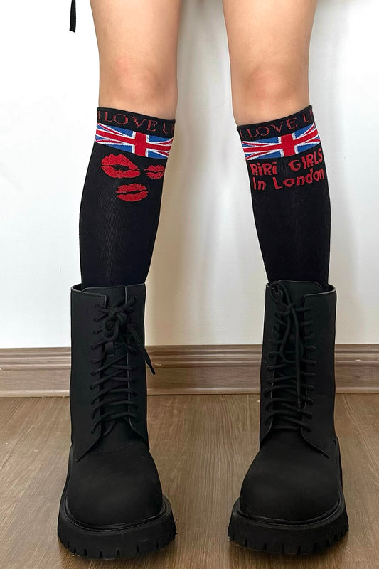Stylish London girls lip print knit knee-high socks