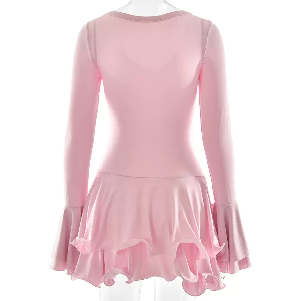Flower edge long sleeve mini dress