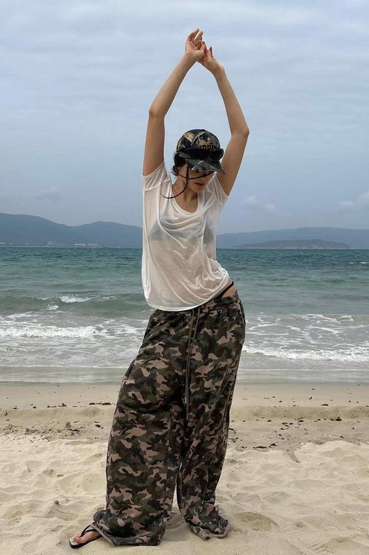 Camouflage print wide-leg pants
