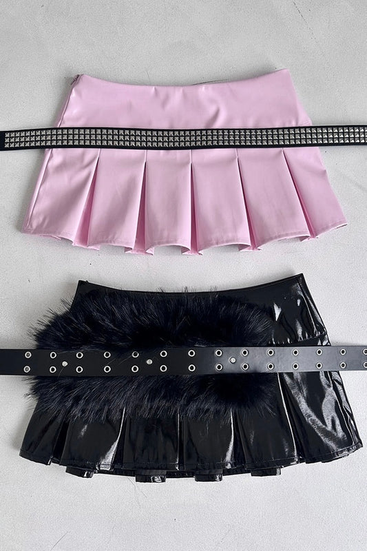 black/pink leather skirt pleated mini skirts