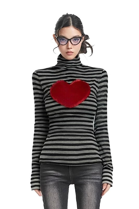 High neck polka dot heart-shaped long sleeved Top