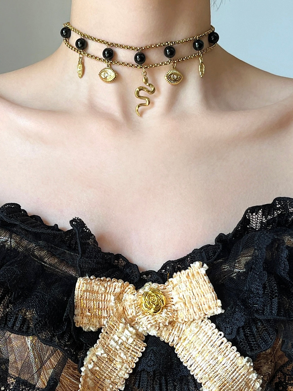 Midnight Sniper Black Gold Medusa Snake Titanium Steel Agate Necklace