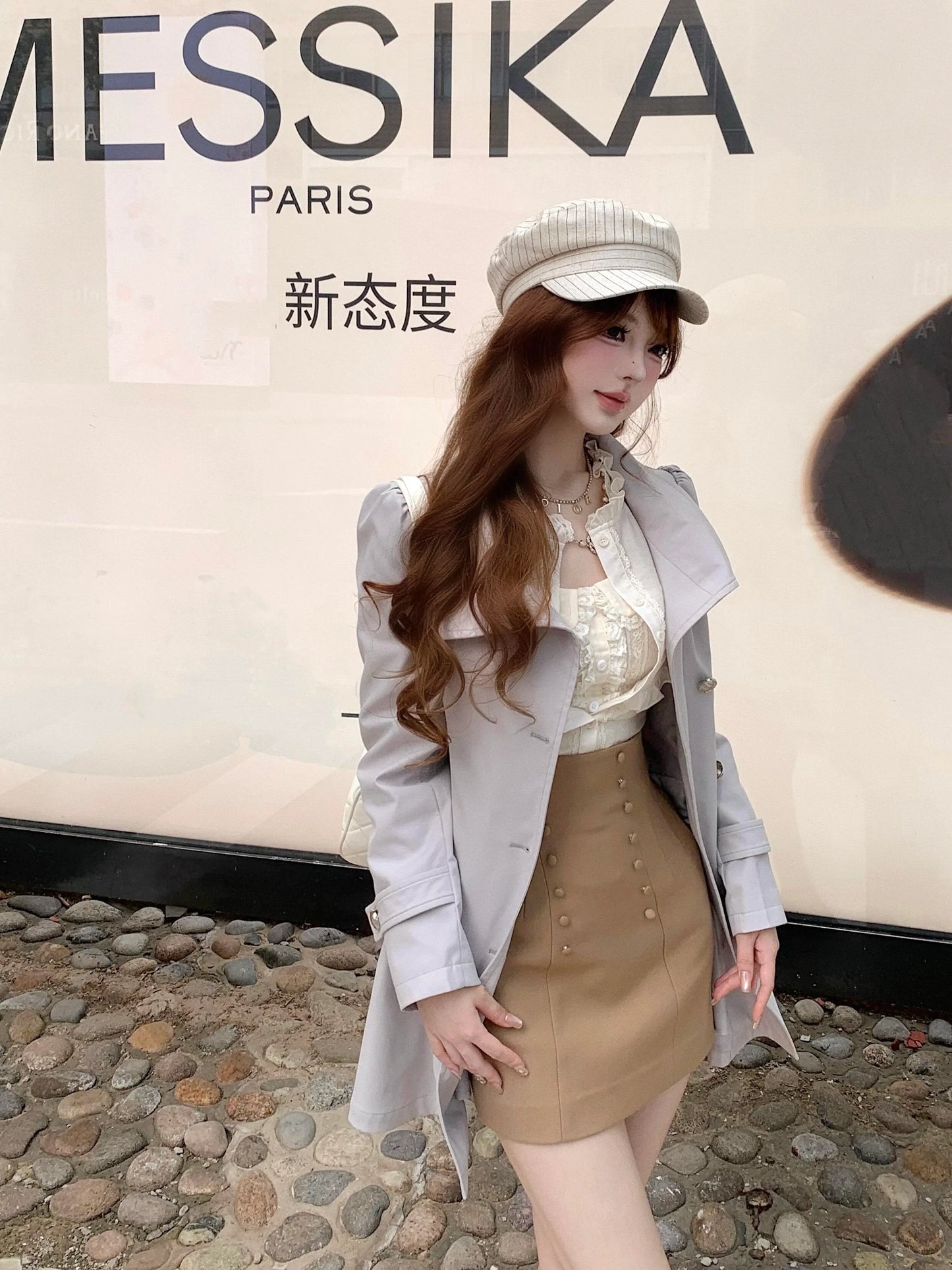 Light Grey Short Waist Tie Trench Coat