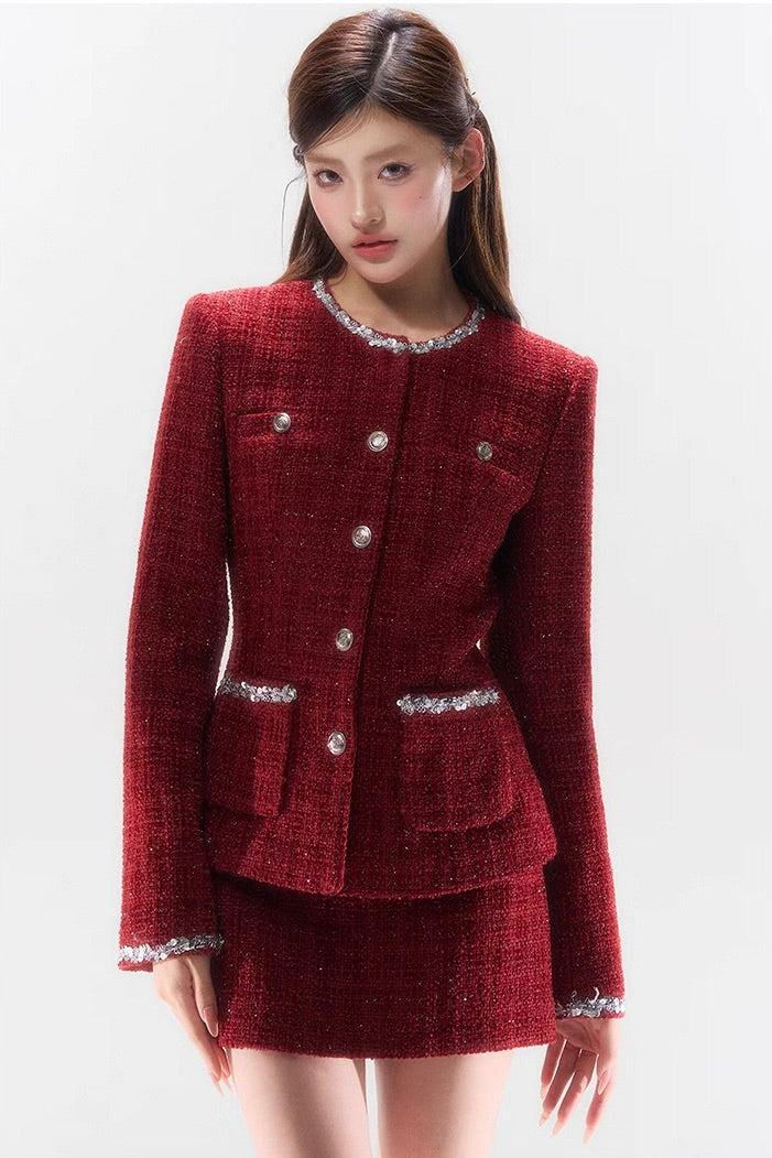 Silver-Woven Wine Red Jacket & mini Skirt Set