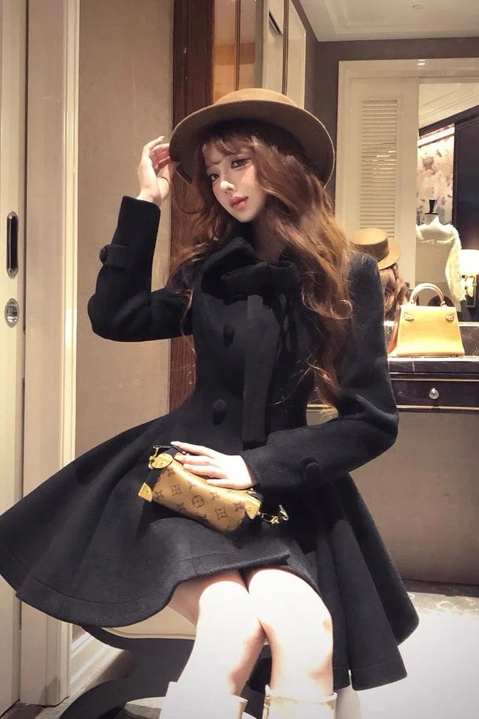 Maritime pianist Vertical waistline 3.5m skirt hem woolen coat