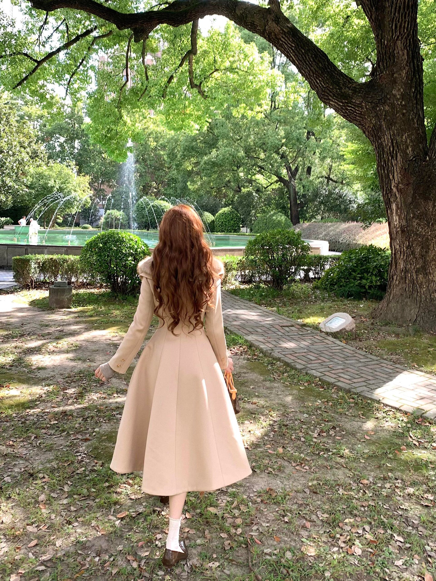 Beige Faux Fur Collar Flared Maxi Princess Coat