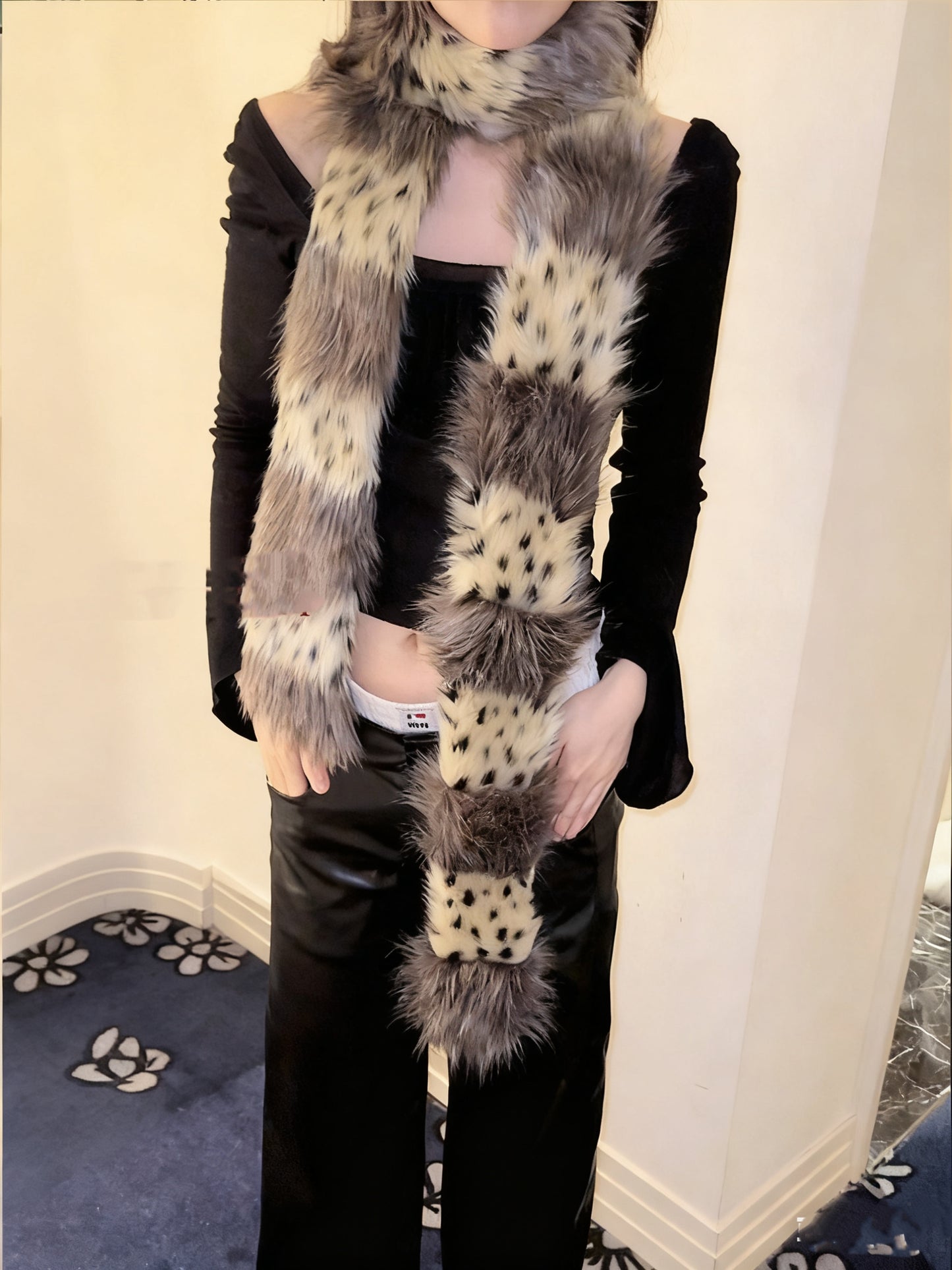 Splicing faux fur leopard print long thin scarf