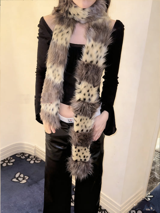 Splicing faux fur leopard print long thin scarf