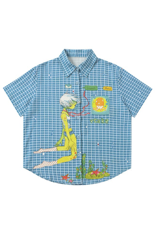 Octopus grass blue plaid short-sleeved shirt