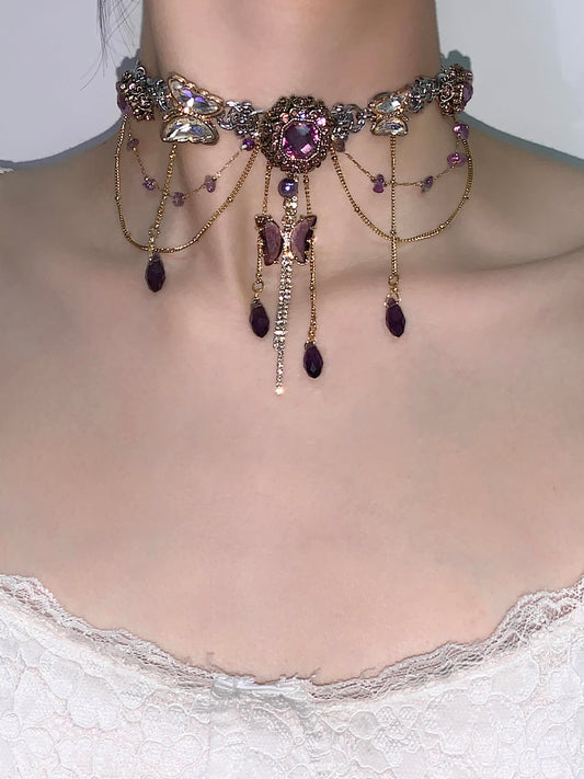Tea Break Ball "Amethyst Retro Butterfly Tassel Titanium Steel Necklace