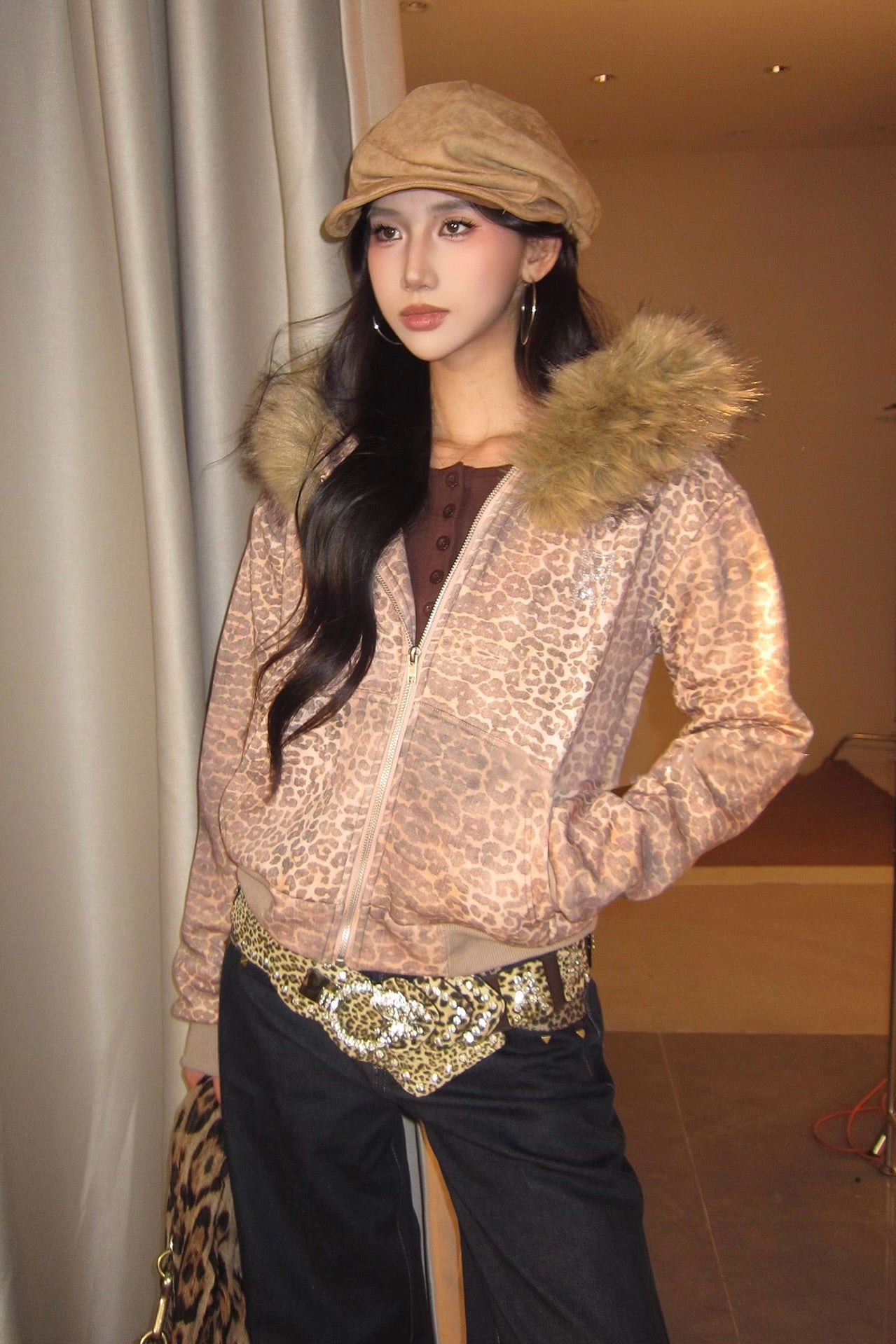 Pink hot diamond leopard print thin fleece hooded sweatshirt