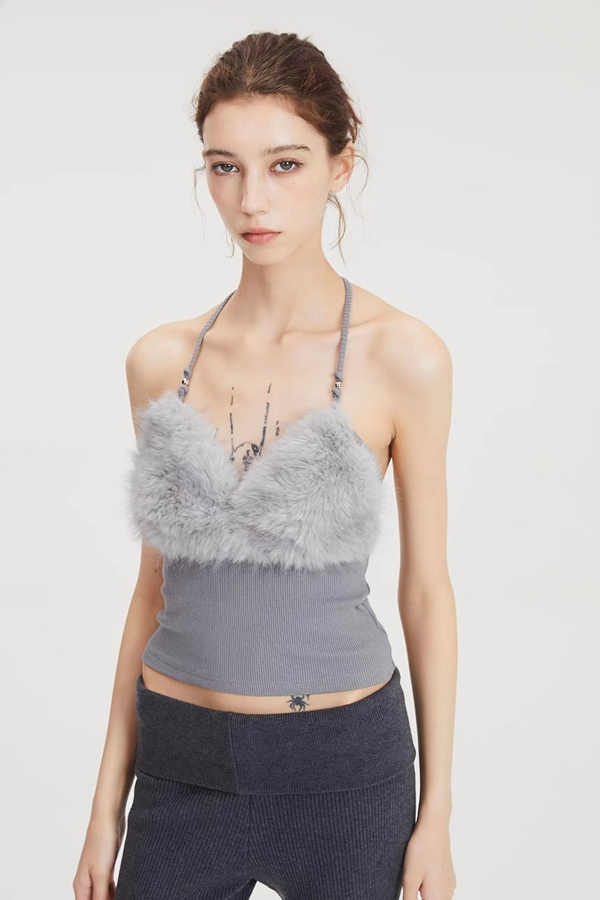 Grey Splicing faux fur cami
