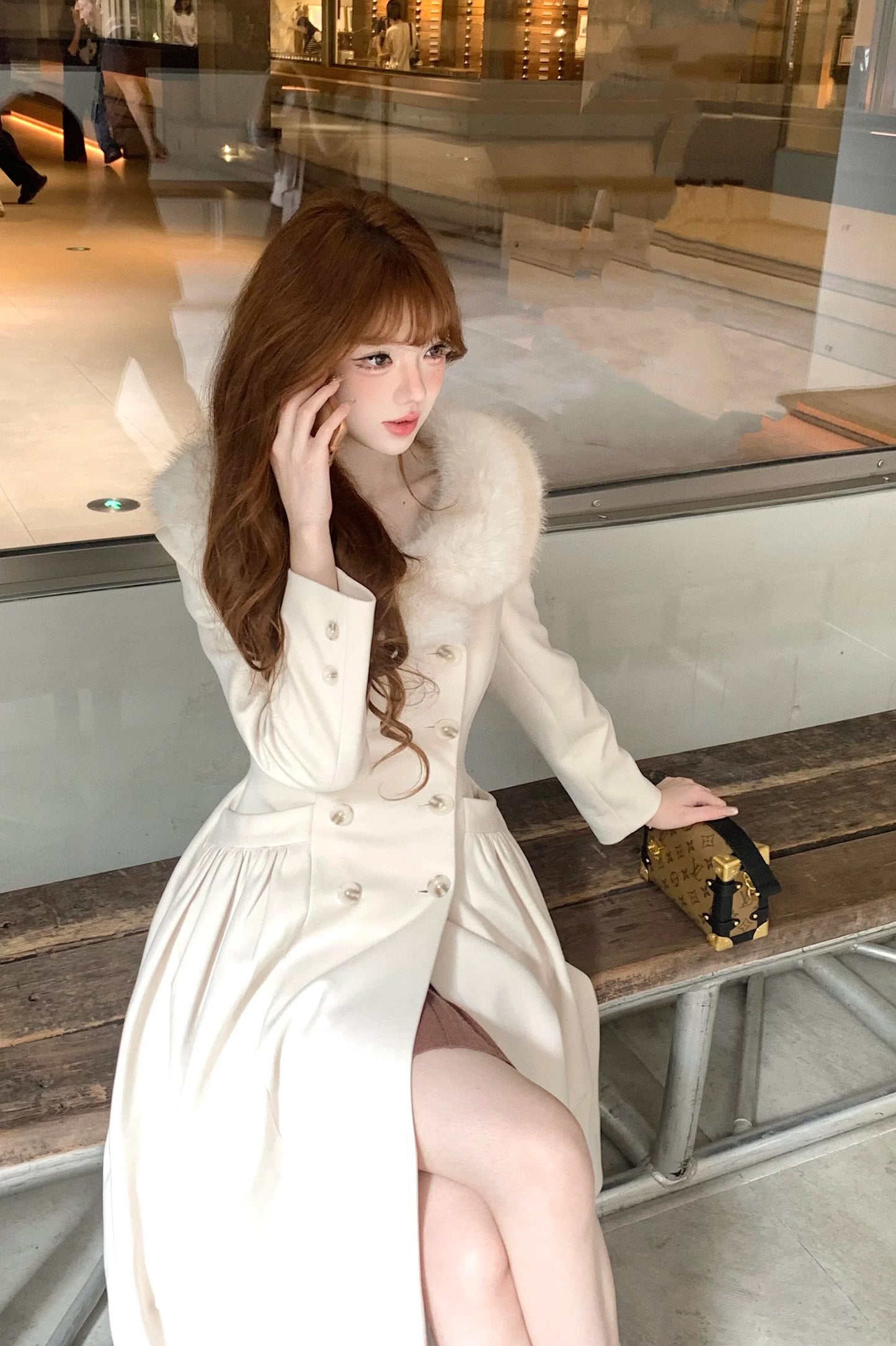 Ivory Faux Fur Collar Maxi Flare Coat