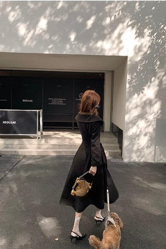 Black Faux Fur Collar Maxi Flare Coat