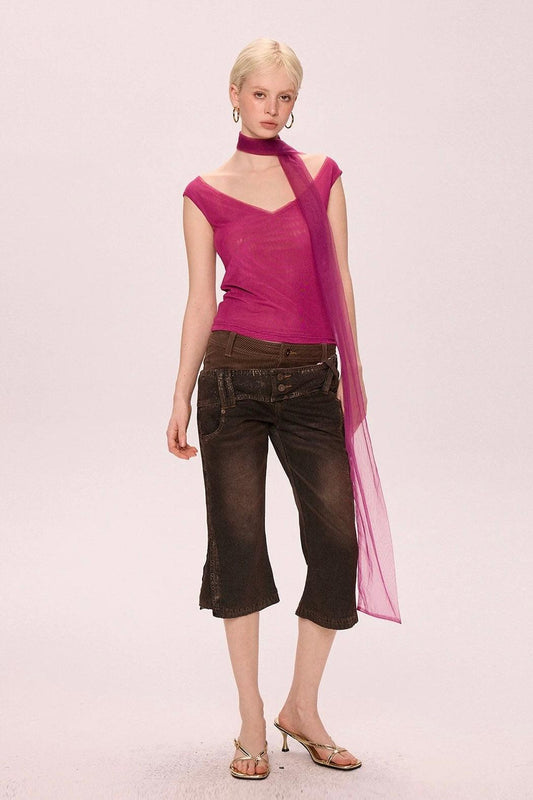 V-neck with scarfs mesh top pink