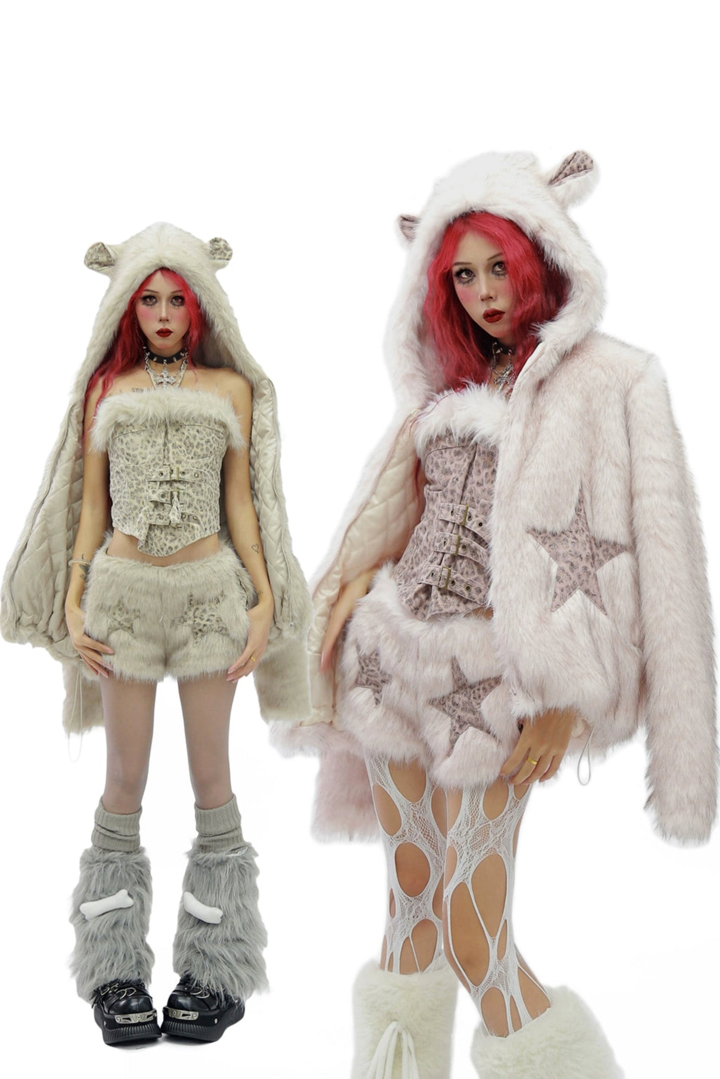 Cat ear hooded cotton jacket cami shorts set