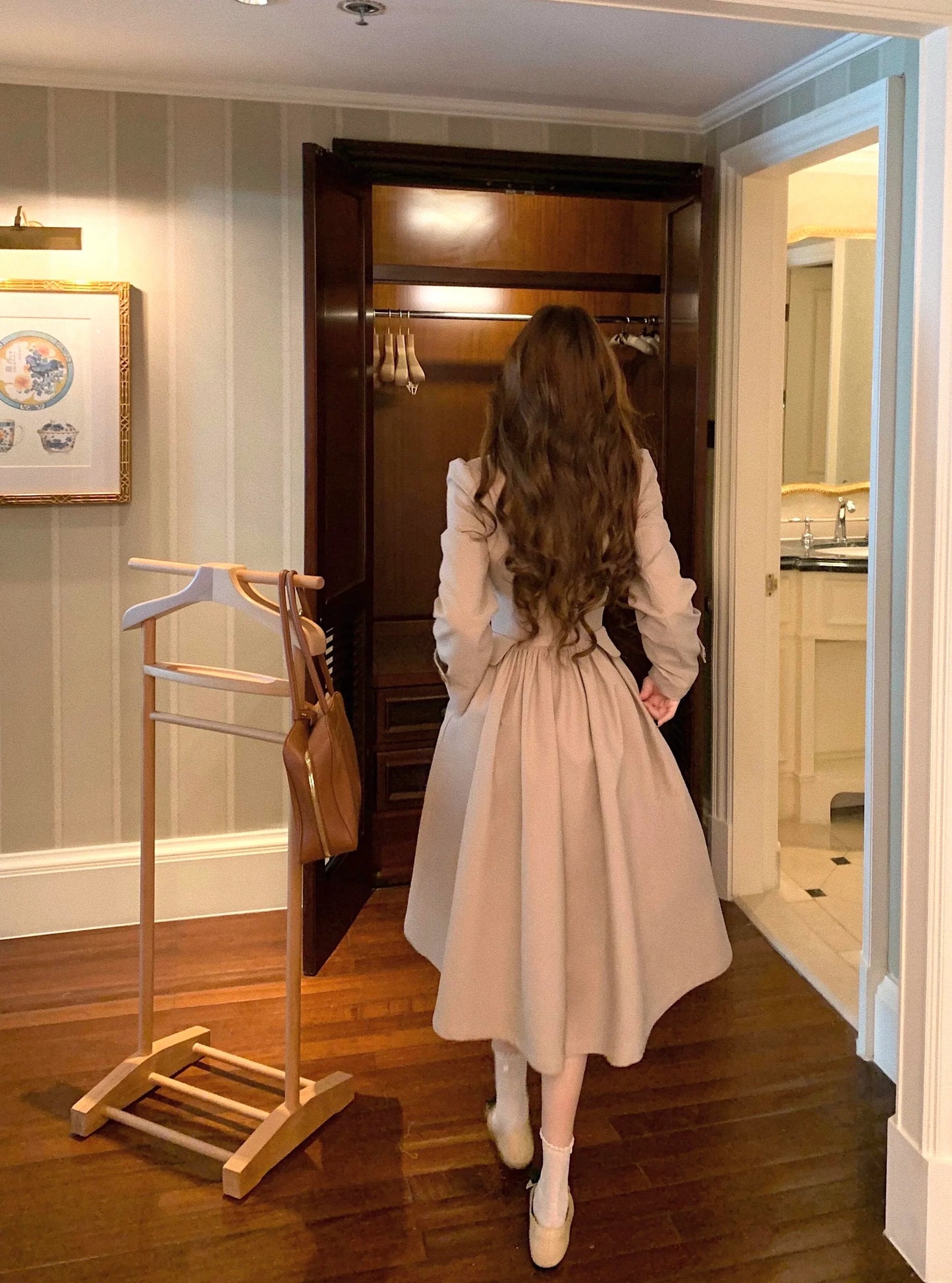 Beige Princess Style Waist Tie Trench Coat