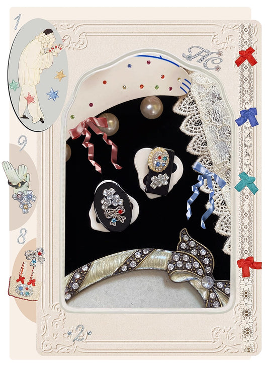 Coral Theater "antique geometric black and white color scheme silver and pearl floral relief earrings