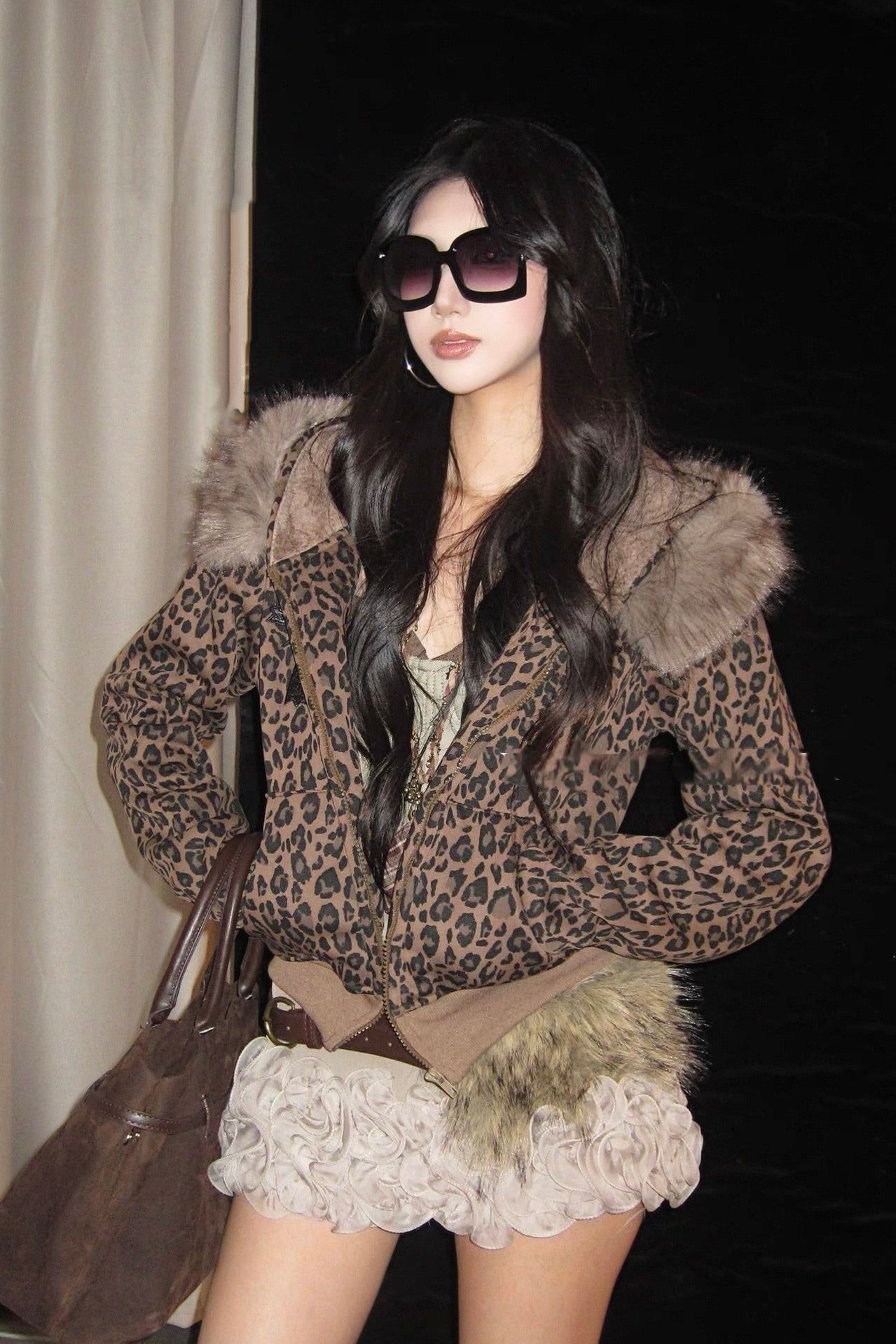 Fur collar leopard print hooded jacket