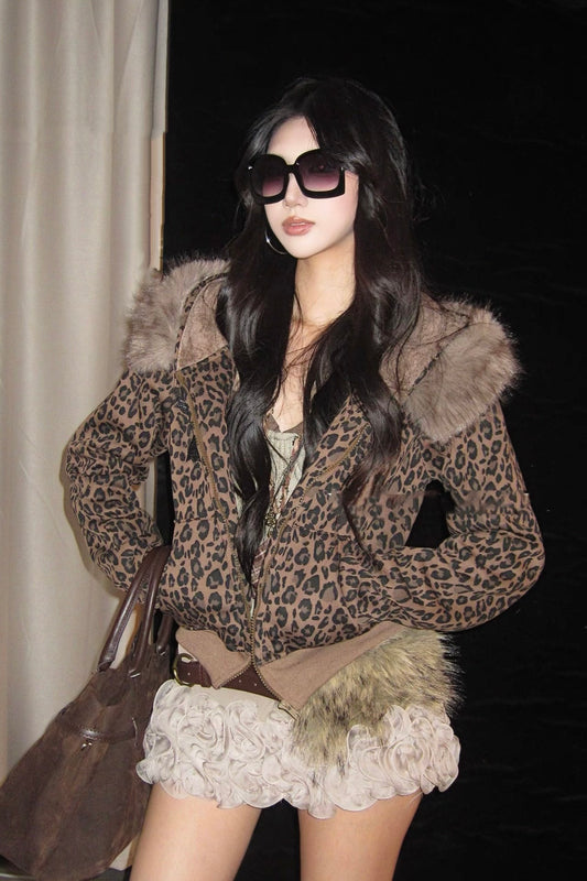 Fur collar leopard print hooded jacket
